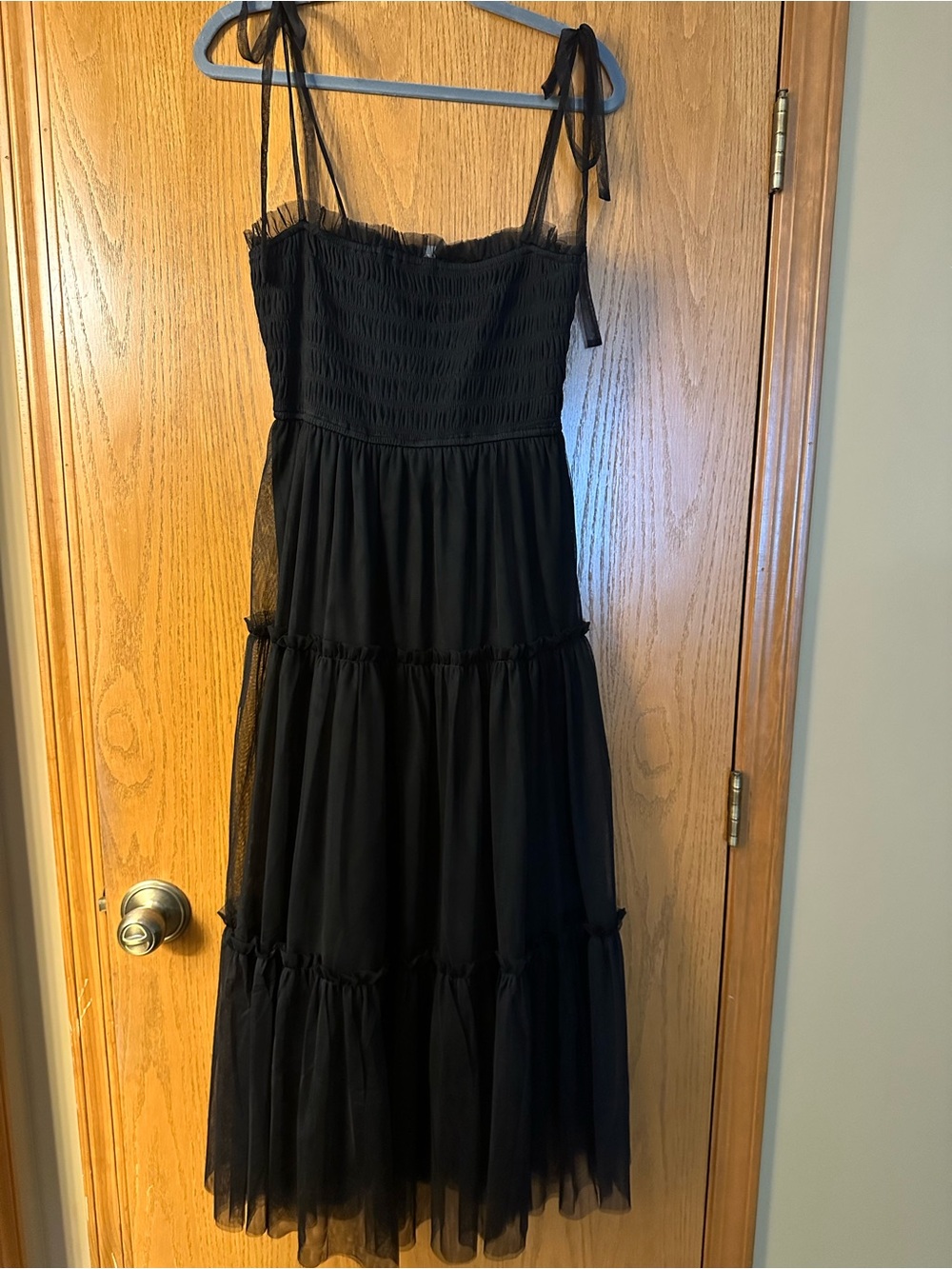Women's Black Tiered Maxi Dress with Tie Straps